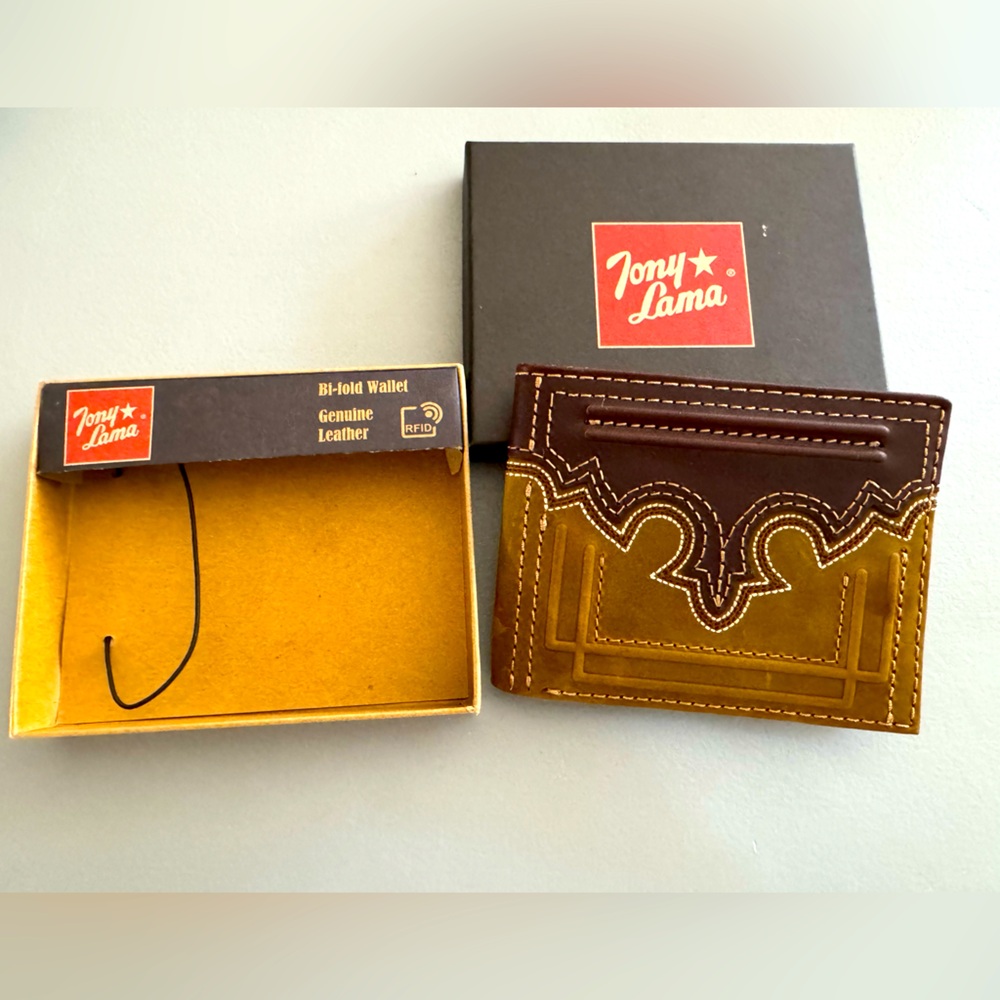 Tony Lama Genuine Leather RIFD brown bifold wallet.